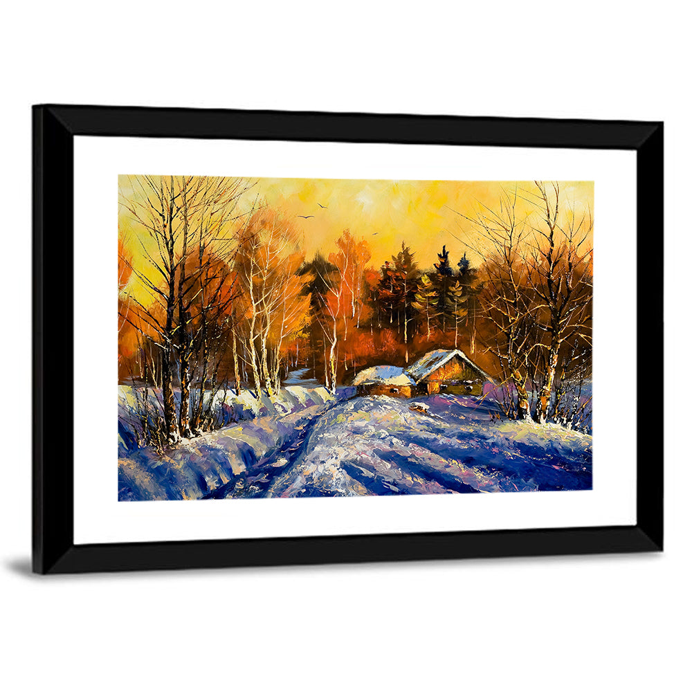 Winter Cottage Sunset Wall Art