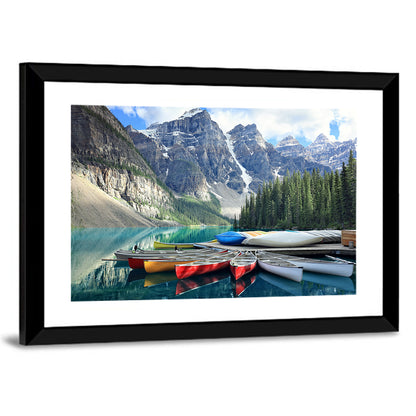 Moraine Lake Canoes at Lake Louise Wall Art