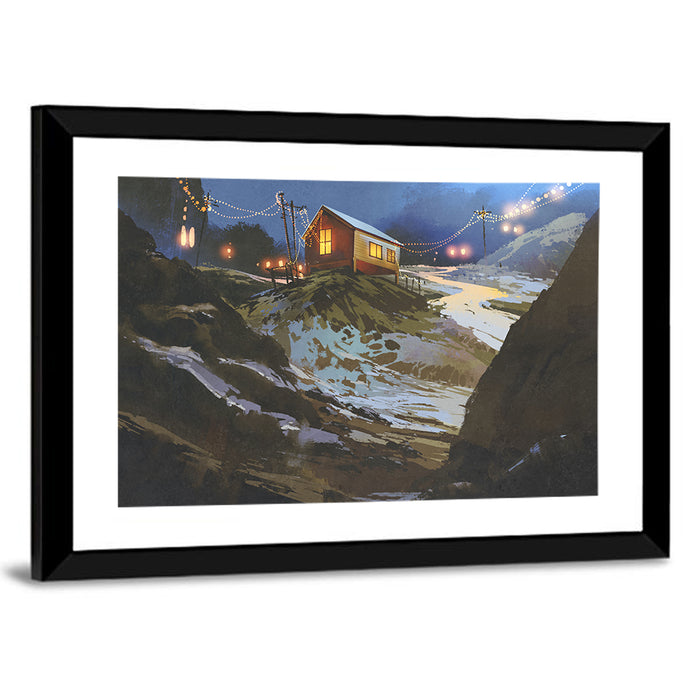Wooden Cabin in Snowy Mountains Wall Art as a framed print