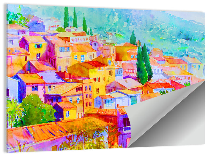 Mediterranean Hillside Watercolor Village Wall Art as a poster print
