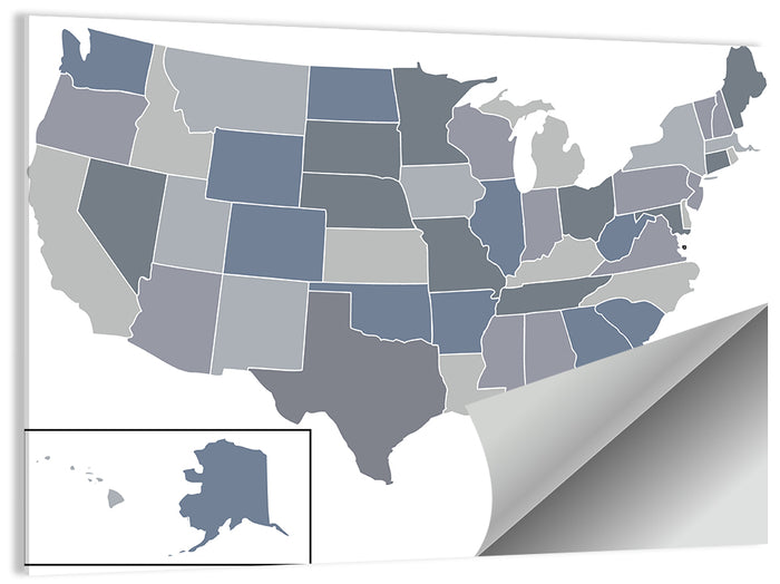 Minimalist USA Map in Blue and Grey Wall Art as a poster print