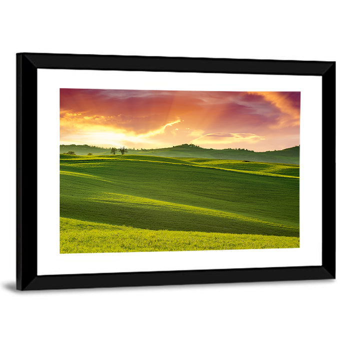 Tuscany Rolling Hills Sunset Wall Art as a framed print