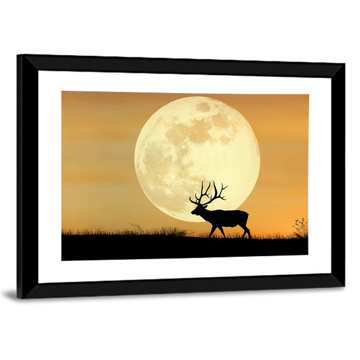 Bull Elk Silhouette Under Supermoon Wall Art as a framed print