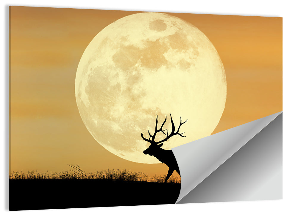 Bull Elk Silhouette Under Supermoon Wall Art