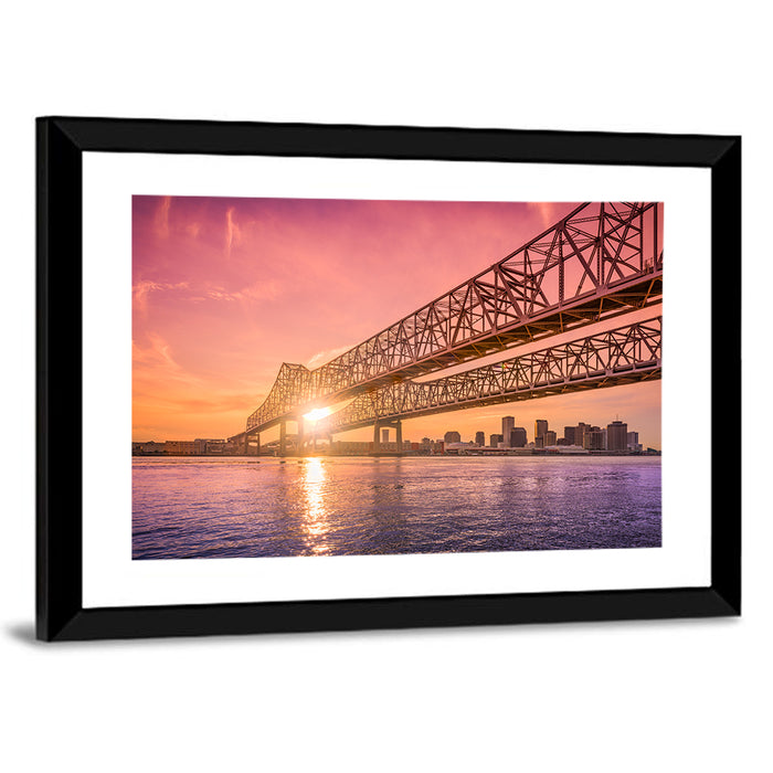 Crescent City Connection at Sunset Wall Art as a framed print