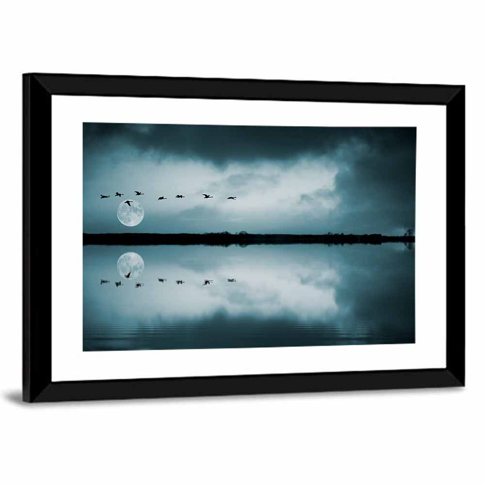 Moonlit Flock Over Lake Wall Art