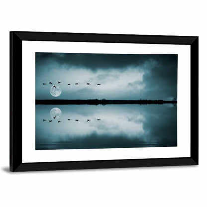 Moonlit Flock Over Lake Wall Art