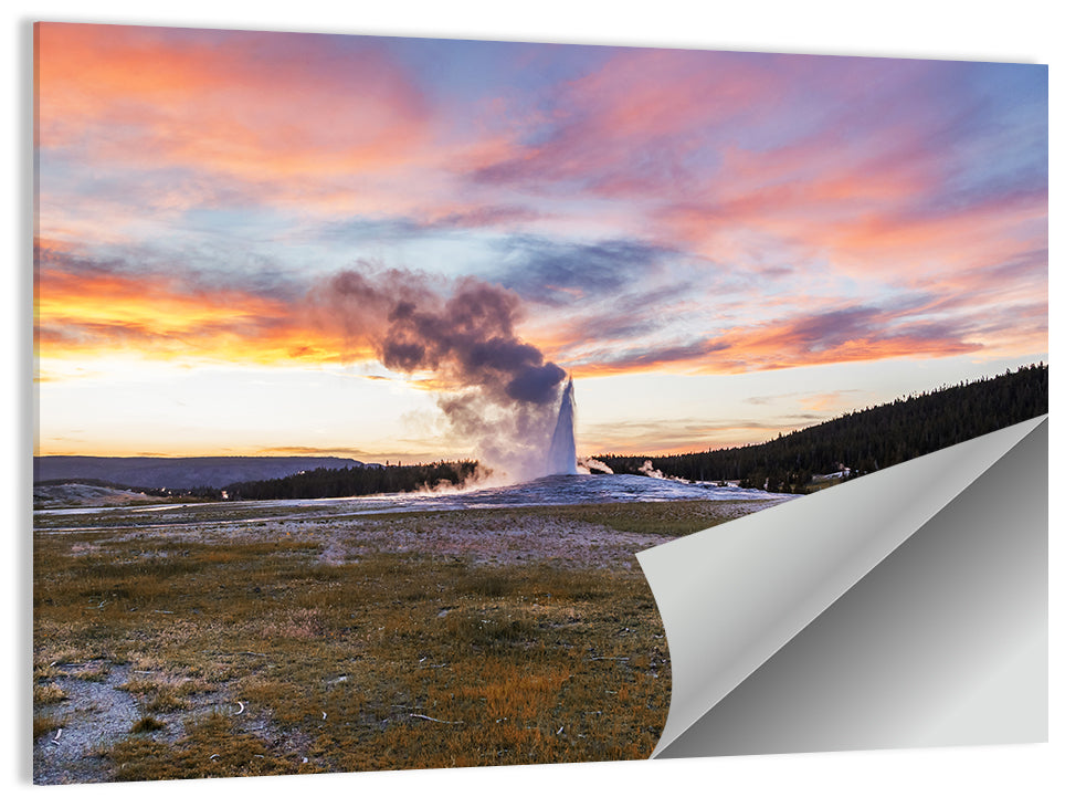 Old Faithful Erupting at Sunset Wall Art