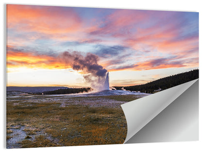 Old Faithful Erupting at Sunset Wall Art