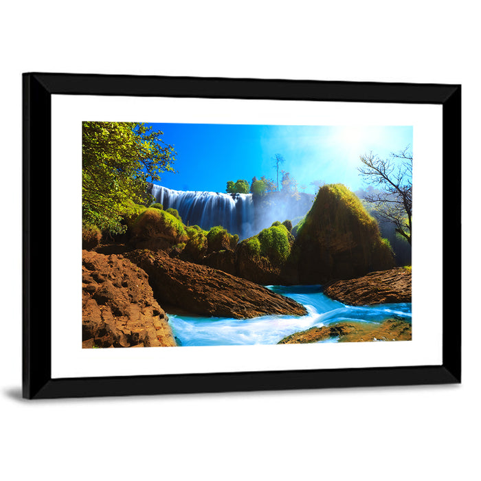 Sunlit Turquoise Waterfall Wall Art as a framed print