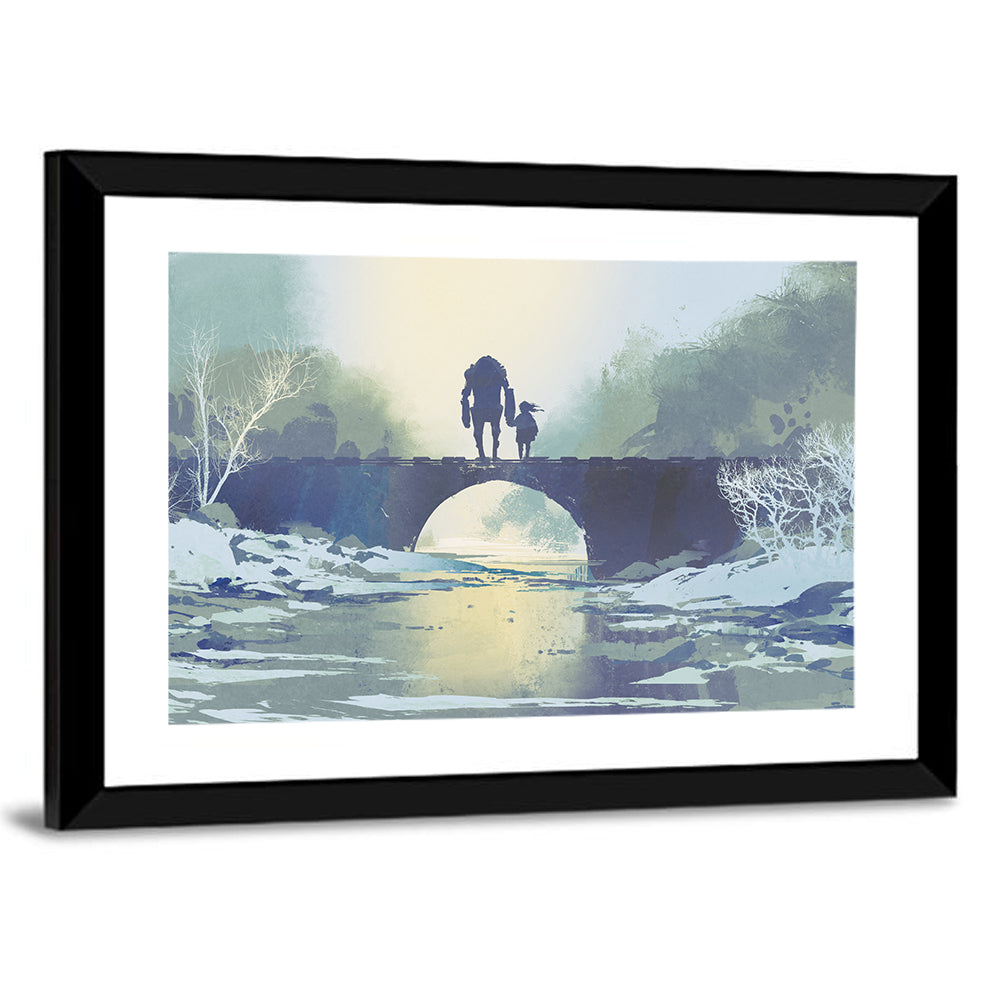 Robot and Little Girl on Bridge Wall Art