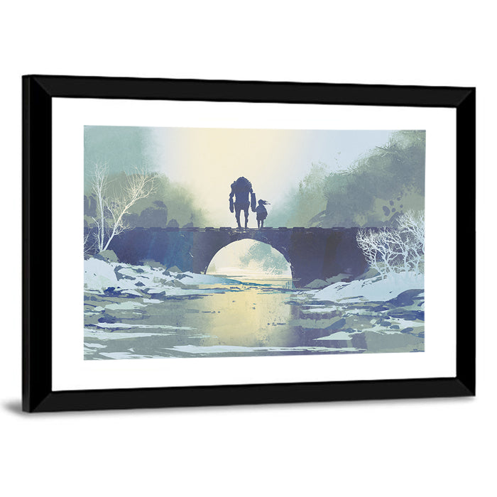 Robot and Little Girl on Bridge Wall Art as a framed print