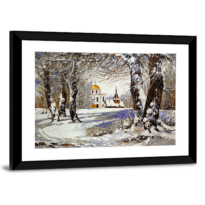 Winter Church with Gold Dome Wall Art as a framed print
