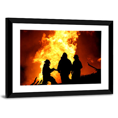 Firefighters Silhouetted Against Flames Wall Art