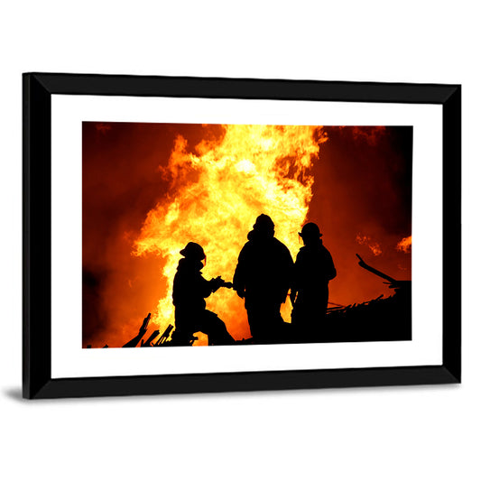 Firefighters Silhouetted Against Flames Wall Art