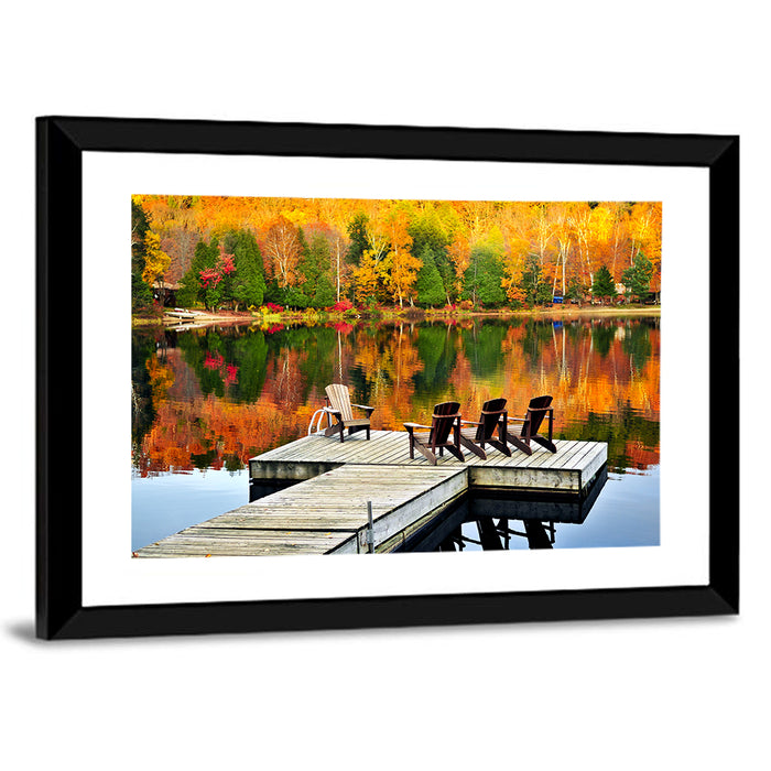 Autumn Lake Dock with Adirondack Chairs Wall Art as a framed print