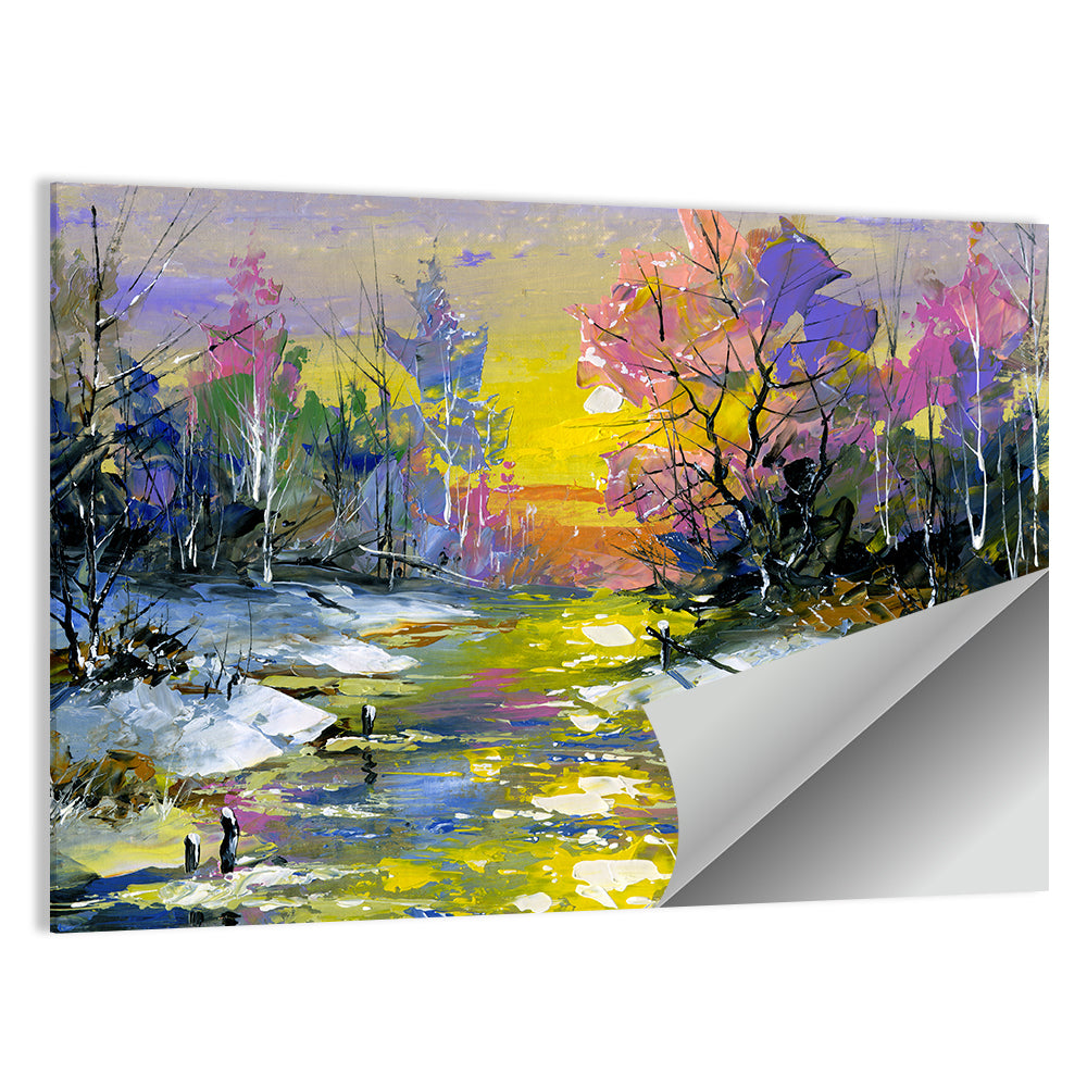 Golden Sunset Over Snowy Stream Wall Art