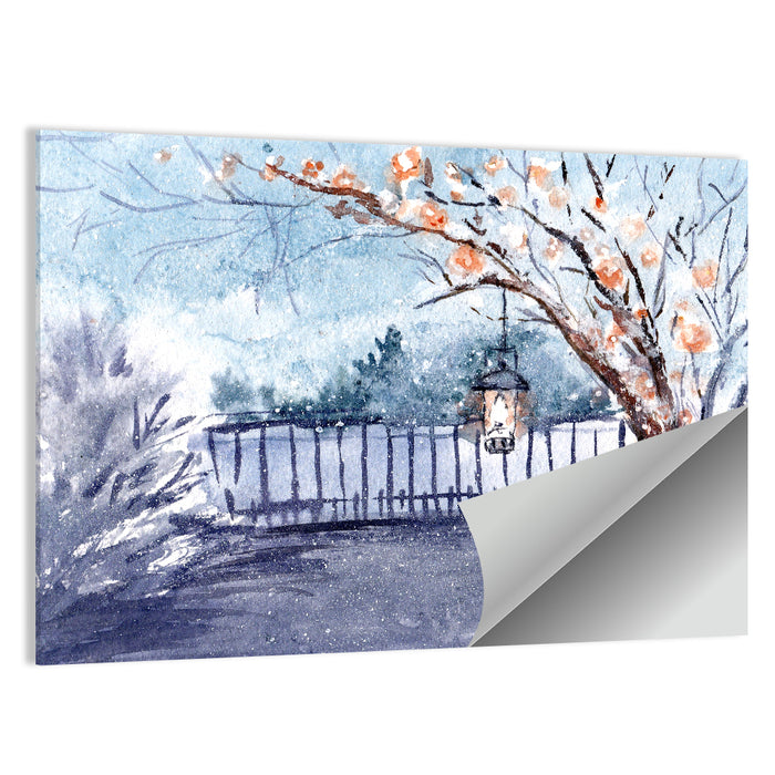 Countryside Winter Lantern Illustration Wall Art as a poster print