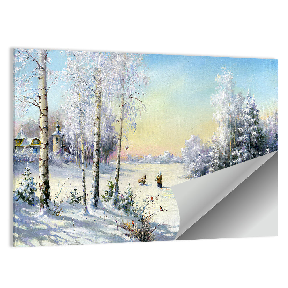 Birch-framed Winter Village Wall Art
