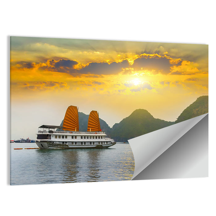 Ha Long Bay Sunset with Orange Sails Wall Art as a poster print