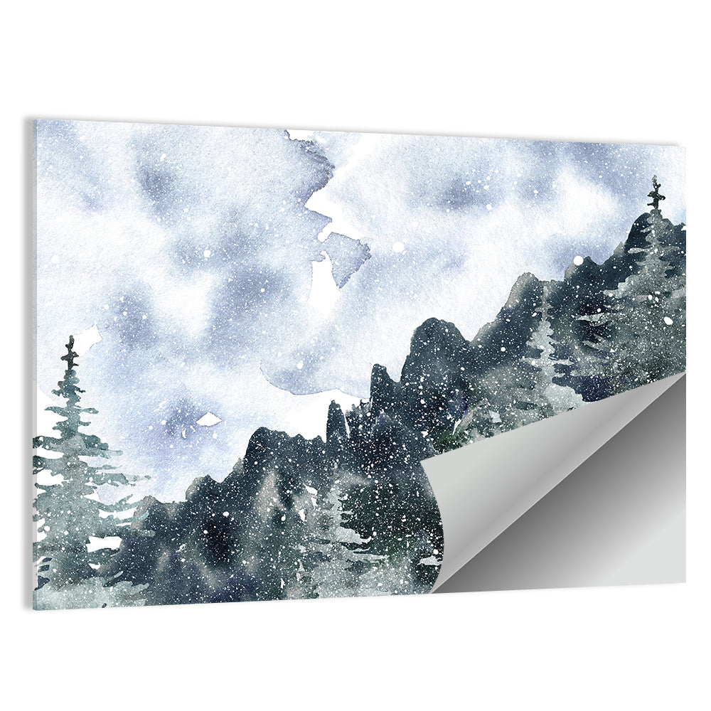 Snowfall Mountain Forest Illustration Wall Art