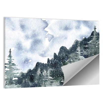 Snowfall Mountain Forest Illustration Wall Art
