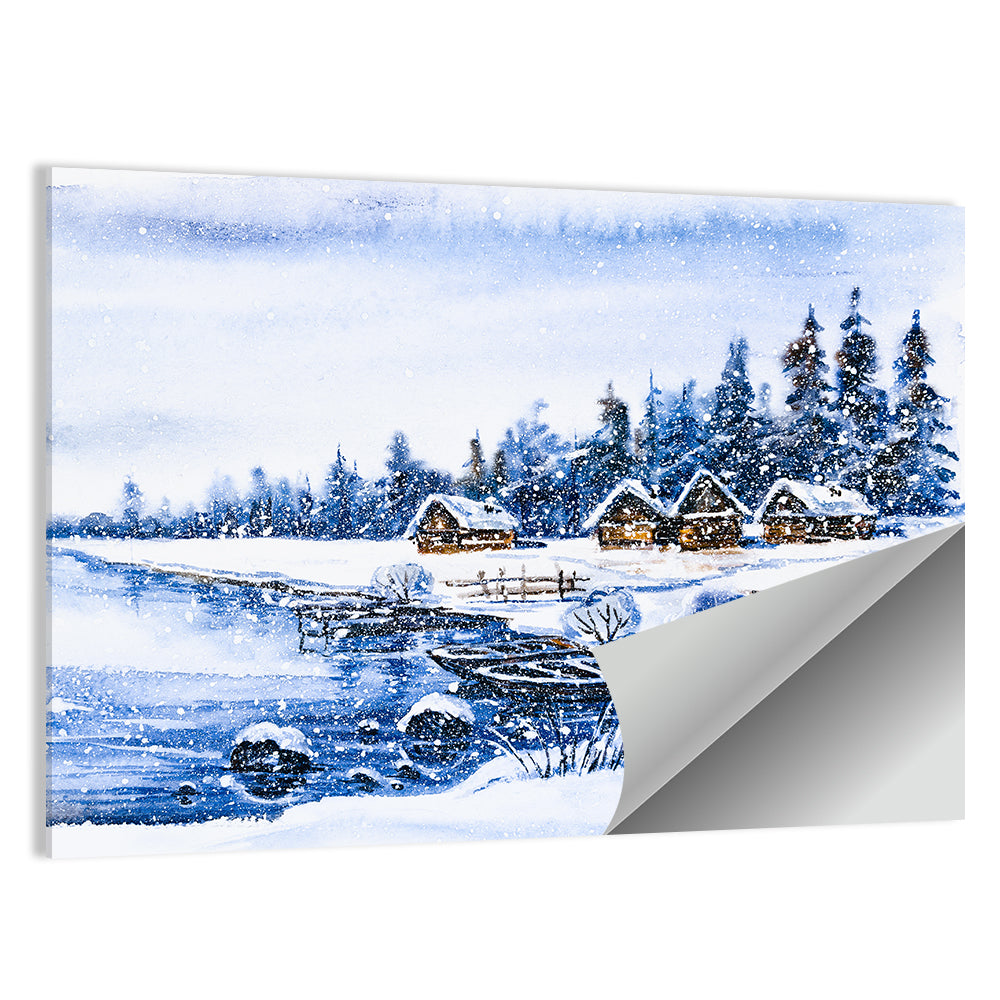 Snowy Village by Frozen Lake Wall Art