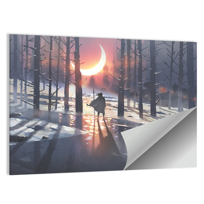 Lone Traveler in Winter Forest Wall Art as a poster print