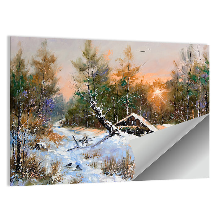 Winter Forest Path with Cabin Wall Art as a poster print