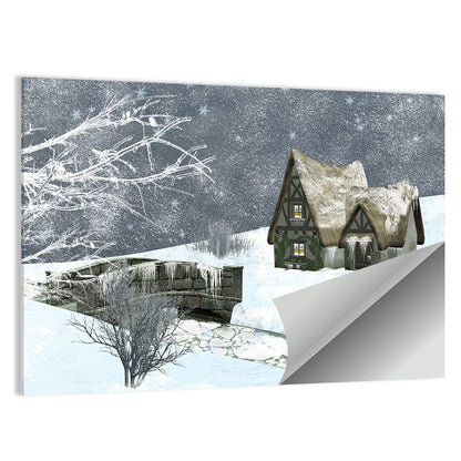 Starry Winter Cottage and Frozen Stream Wall Art