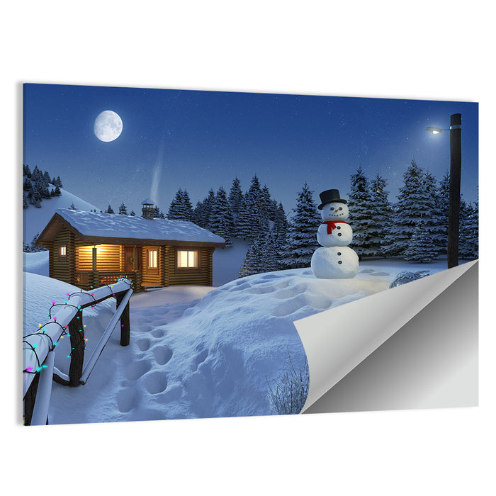 Moonlit Winter Cottage Wall Art as a poster print