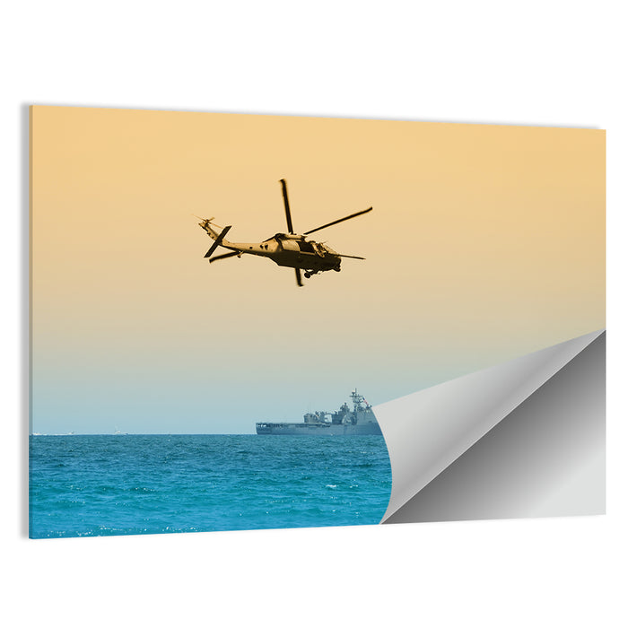 Helicopter Over Warship at Sea Wall Art as a poster print