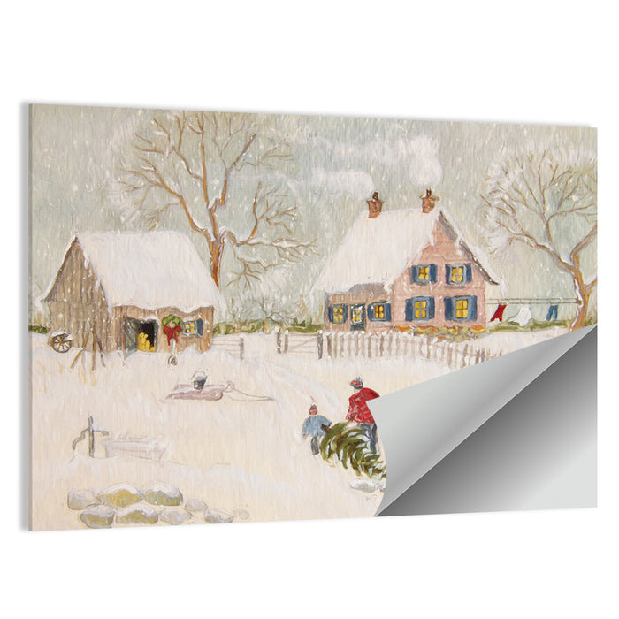 Snowy Farmhouse Illustration Wall Art as a poster print