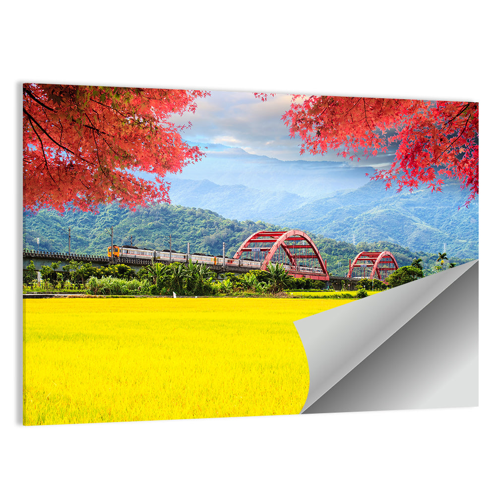 Autumn Train Over Taiwan Rice Fields Wall Art