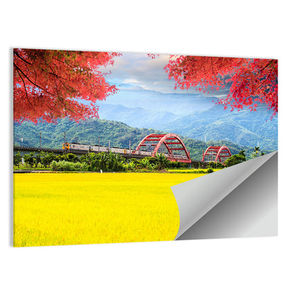Autumn Train Over Taiwan Rice Fields Wall Art