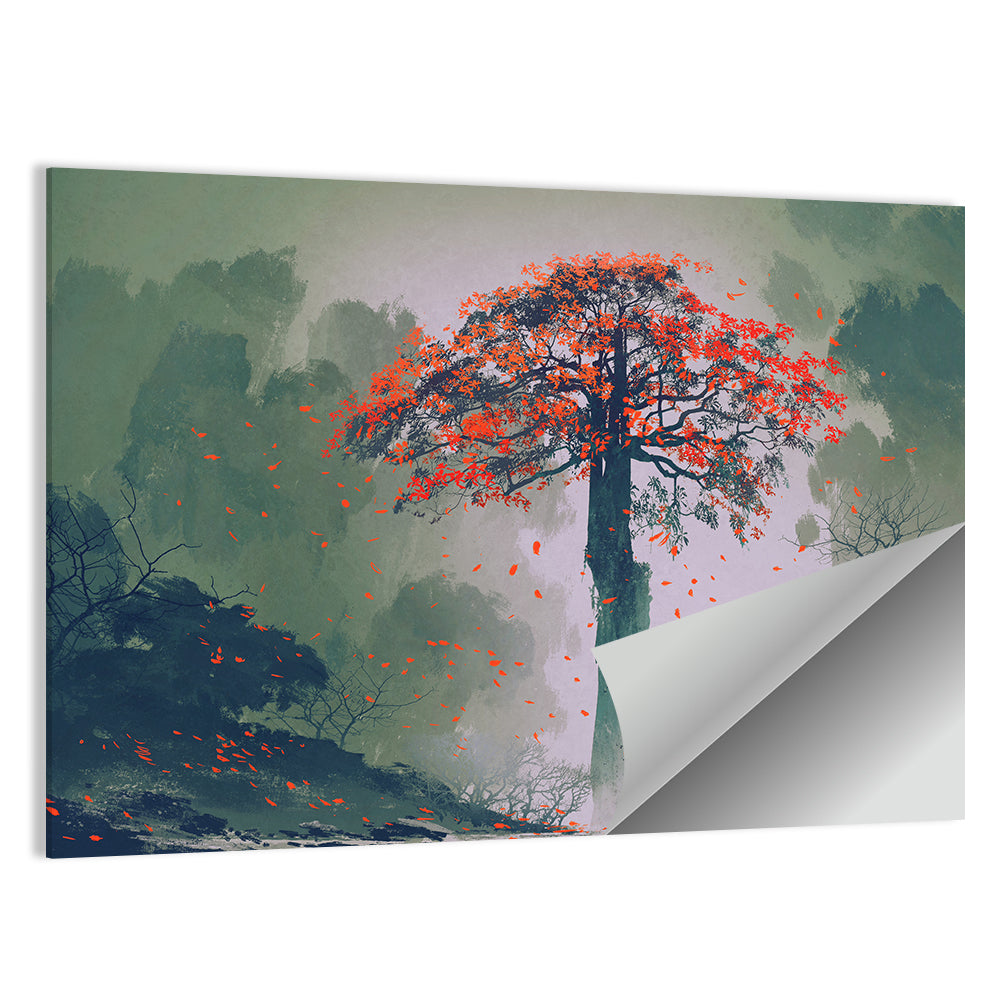 Red Autumn Tree Wall Art, poster print, landscape