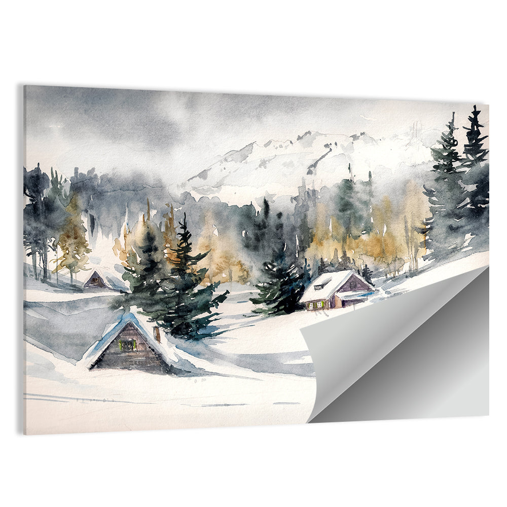Snowy Mountain Village Watercolor Wall Art