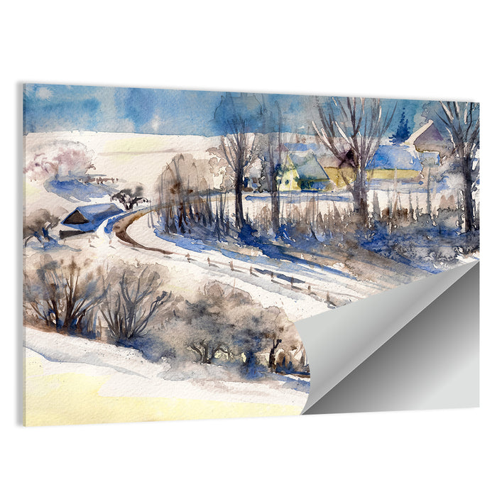 Snowy Village Road Wall Art as a poster print