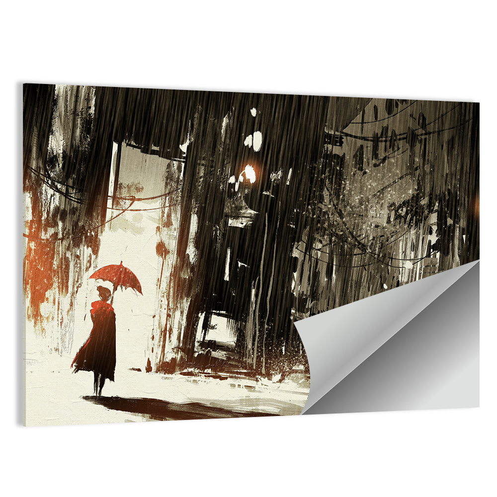 Woman with Umbrella on Rainy Street Wall Art
