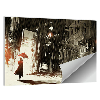 Woman with Umbrella on Rainy Street Wall Art