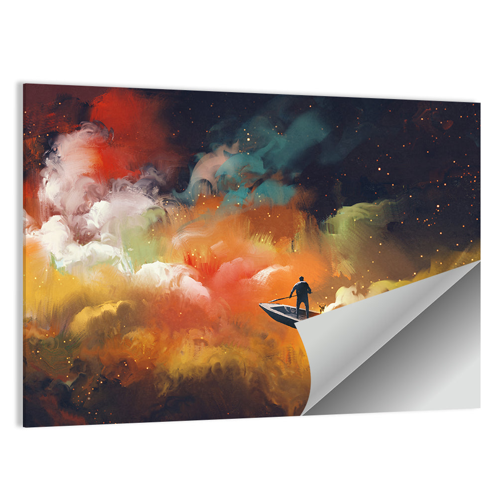 Solitary Man in Boat Under Celestial Clouds Wall Art