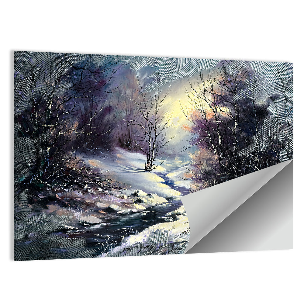 Sunlit Frozen Stream in Winter Forest Wall Art
