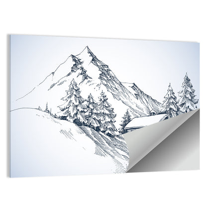 Snowy Mountain Cabin Sketch Wall Art