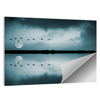 Moonlit Flock Over Lake Wall Art