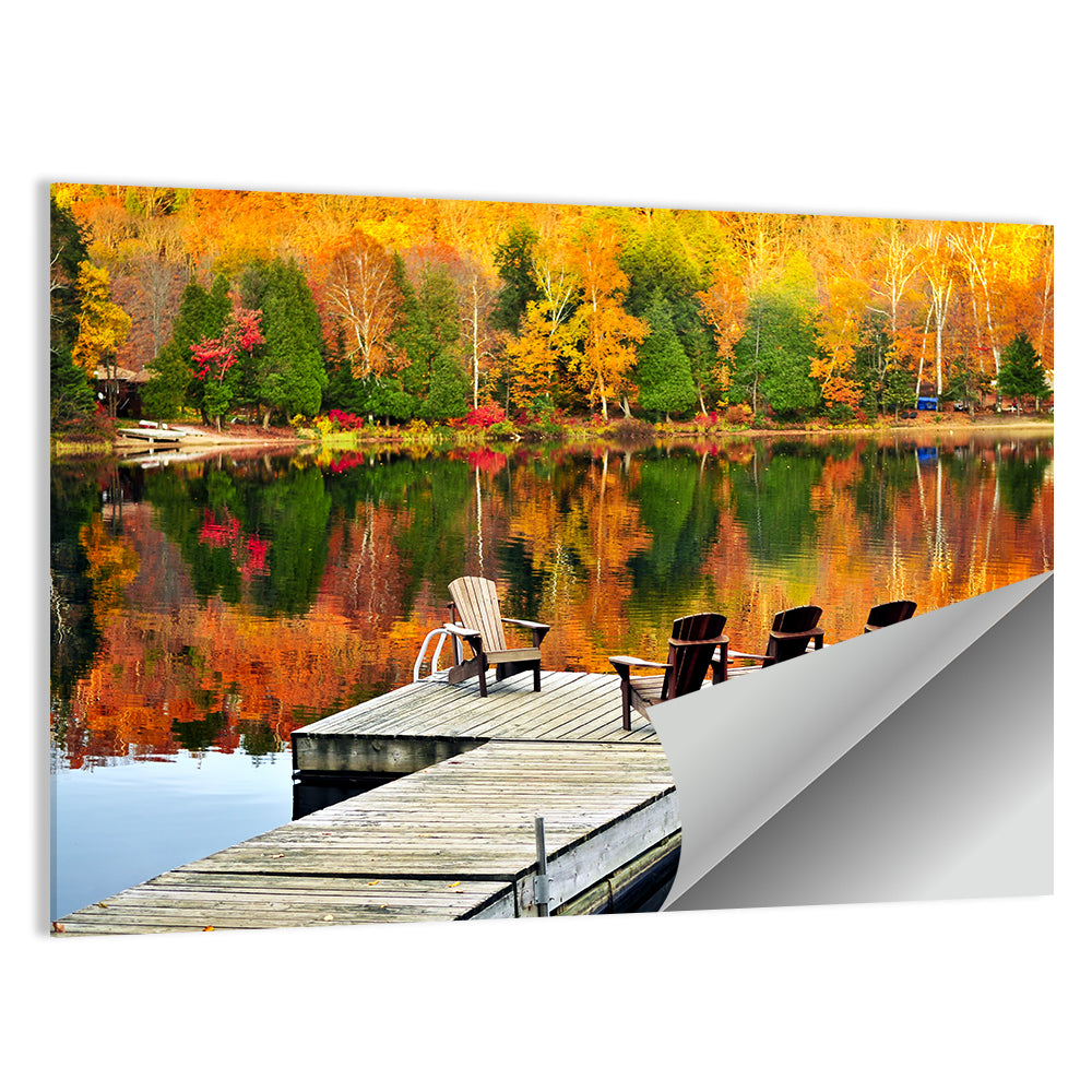 Autumn Lake Dock with Adirondack Chairs Wall Art