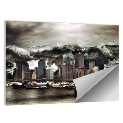 Tsunami Over Manhattan Skyline, Brooklyn Bridge Wall Art