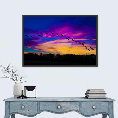Silhouetted Cranes at Dusk Wall Art