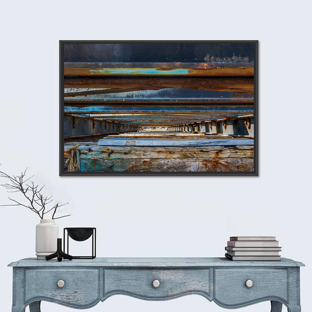 Weathered Dock Perspective Wall Art in a room, landscape