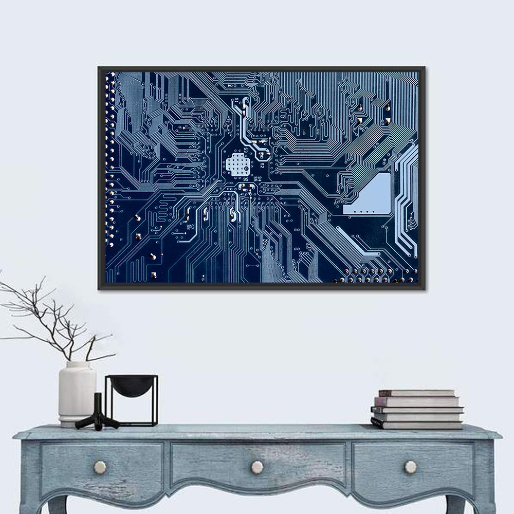 Blue Circuit Board Wall Art in a room, landscape