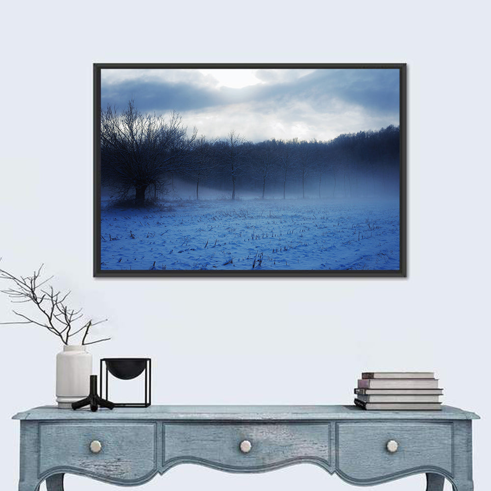 Snowy Italian Countryside Wall Art in a room, landscape